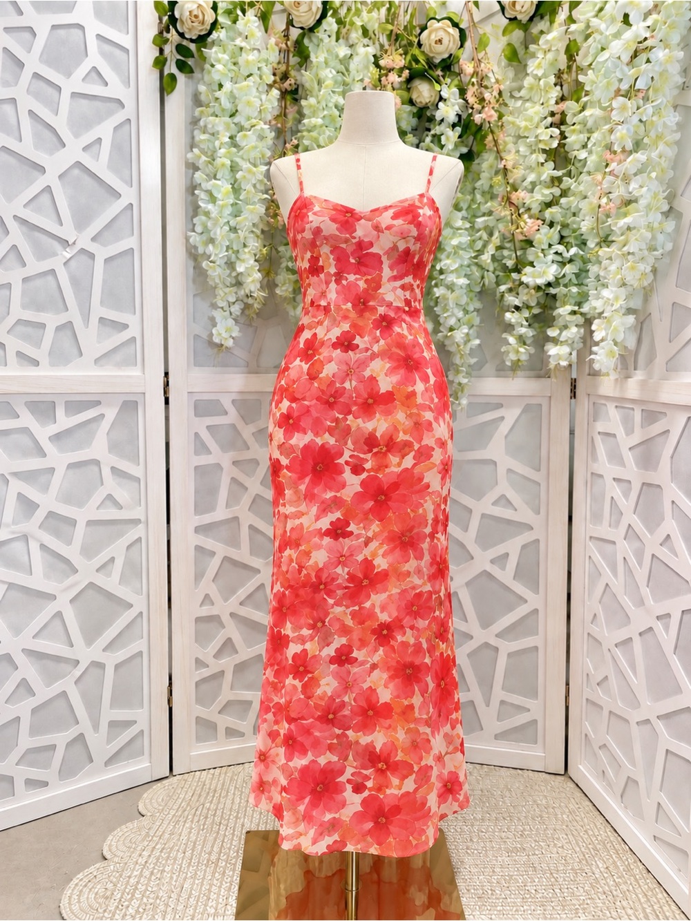 Floral Spaghetti-Strap Maxi Dress - Pink Red
